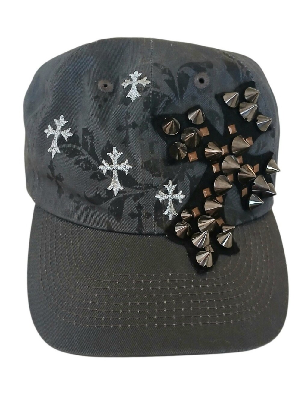 KB ETHOS Y2K Spiked Cross Embroidered Hat Gray Cyber Grunge Streetwear Adj